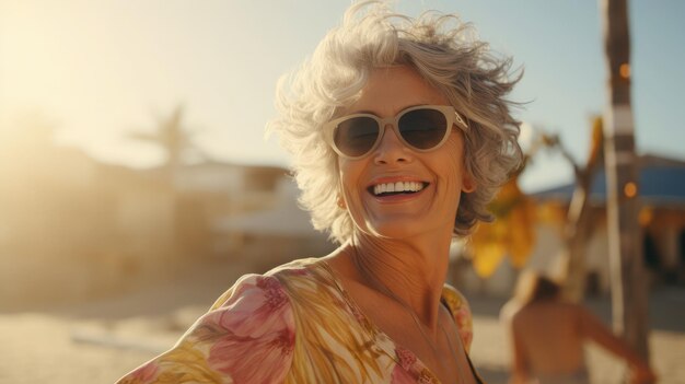 Realistic Outside Sunny day A joyful mature woman dances merrily on the beach Blur background