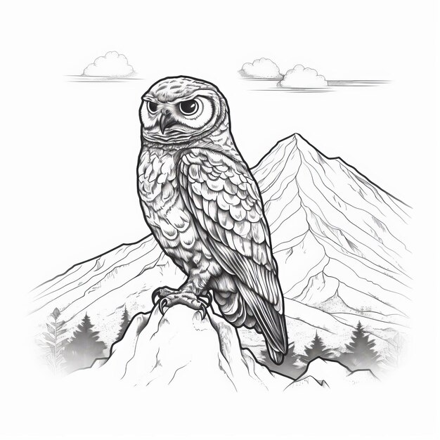Photo realistic owl perched on rock near mountains graphic black and