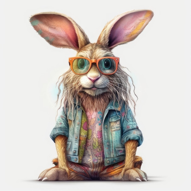 선글라스와 화려한 옷을 입은 현실적인 페인트 히피 토끼