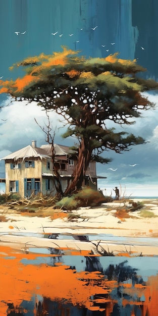 Realistic Painting Of Beach House With Acacia Tree In The Style