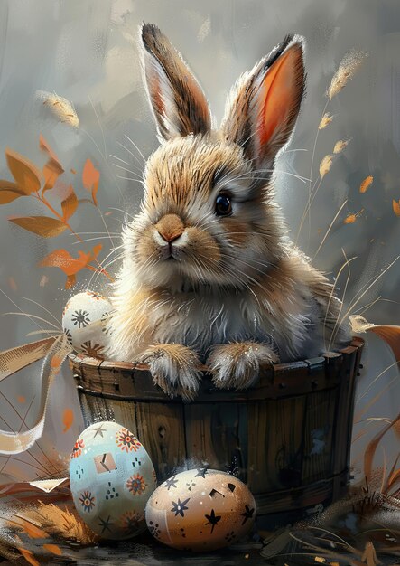 Photo a realistic painting depicting a fluffy white rabbit sitting contently inside a woven basket the rab