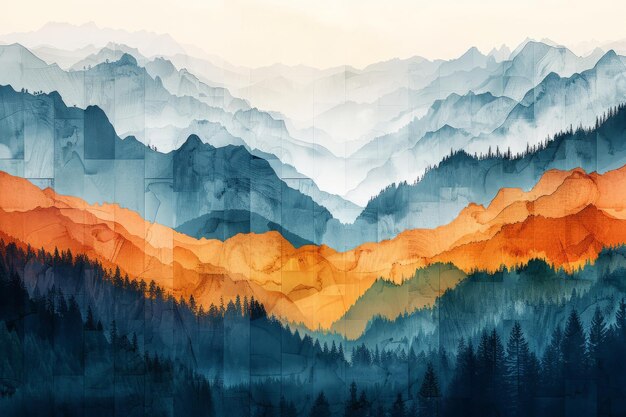 A realistic painting depicting a majestic mountain range with dense trees in the foreground