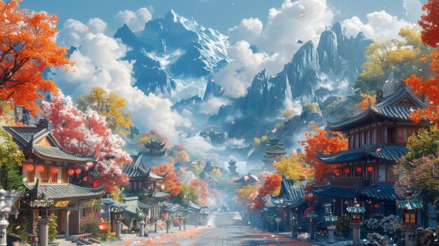 A realistic painting series of the streets and buildings of the country city of Luoyang in China Video game39s digital CG art work concept illustration and realistic cartoon scene designs for video