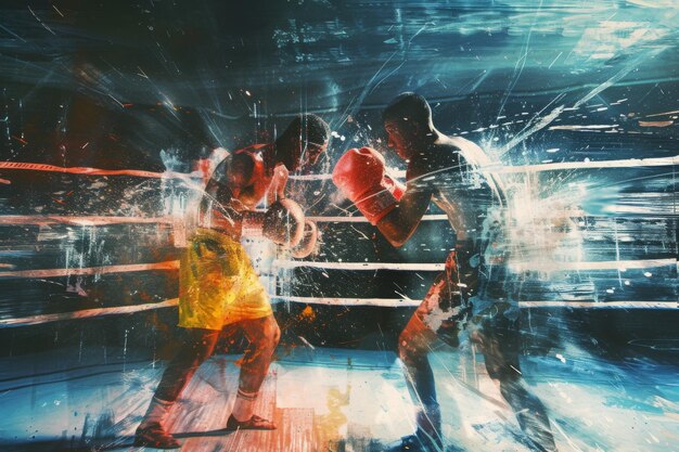 Photo a realistic painting of two boxers engaged in a fierce fight in a boxing ring an abstract representation of the energy and intensity in a boxing ring ai generated