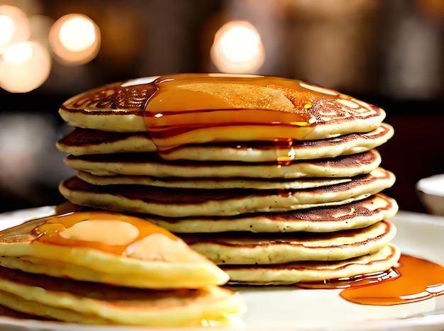 Realistic pancakes with neutral colors warm lighting detailed cozy atmosphere in a restaurant shown in a medium shot with no people Generative AI Generated