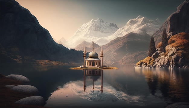 Realistic panoramic view mosque in the lake with mountain background Generative Ai