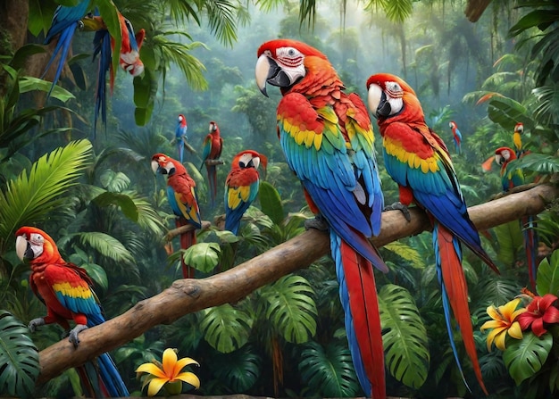 realistic parrot perched on a branch in a tropical rainforest generative ai