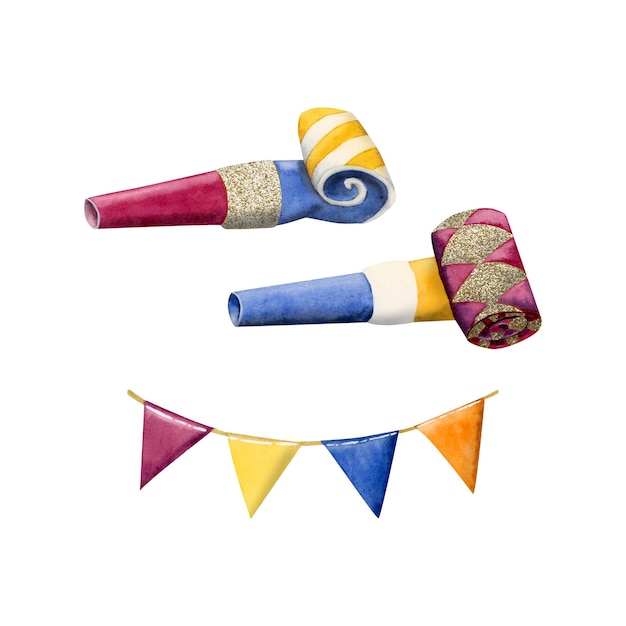 Realistic party blower whistles and festive flags watercolor party horns in blue magenta gold orange