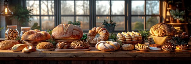 Realistic pattern of a bakery with bread cakes and pastries professional photography and light