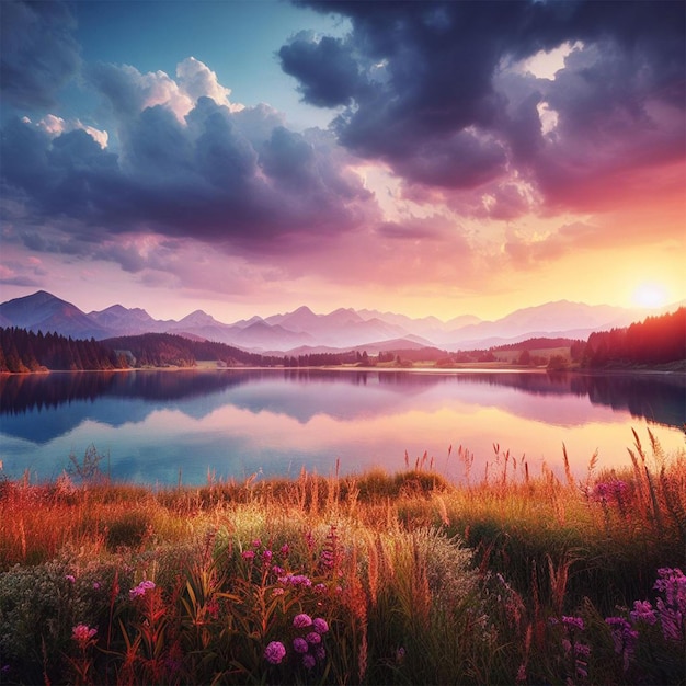 Photo a realistic peaceful landscapes with lake and sunset