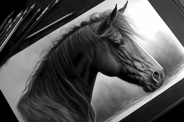 Realistic pencil drawing of a horse on paper