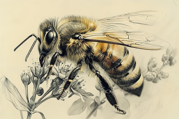 realistic pencil sketch of a fluffy bee pollinating flower macro insect illustration