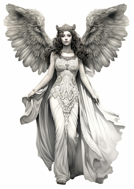 Realistic Pencil Sketch Of Majestic Elvin Female With Angelic Wings