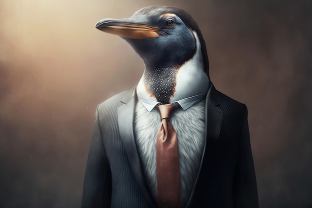 Realistic penguin dressed in a business suit Generative ai