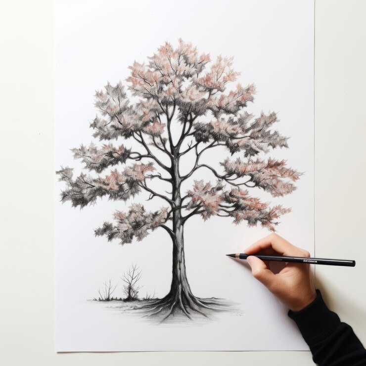 Photo realistic perspective meticulous inking of a woman drawing leaf on tree