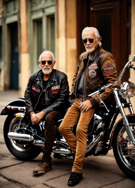 Realistic photo 16k portrait photo Two old men with different physique with their Harley Davidson