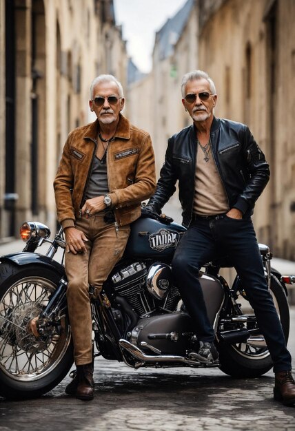 Realistic photo 16k portrait photo Two old men with different physique with their Harley Davidson