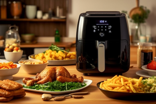 Realistic photo of air fryer on a table full of ric