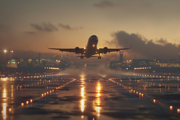 Foto foto realistica di un aeroporto con un aereo che decolla alla luce del giorno