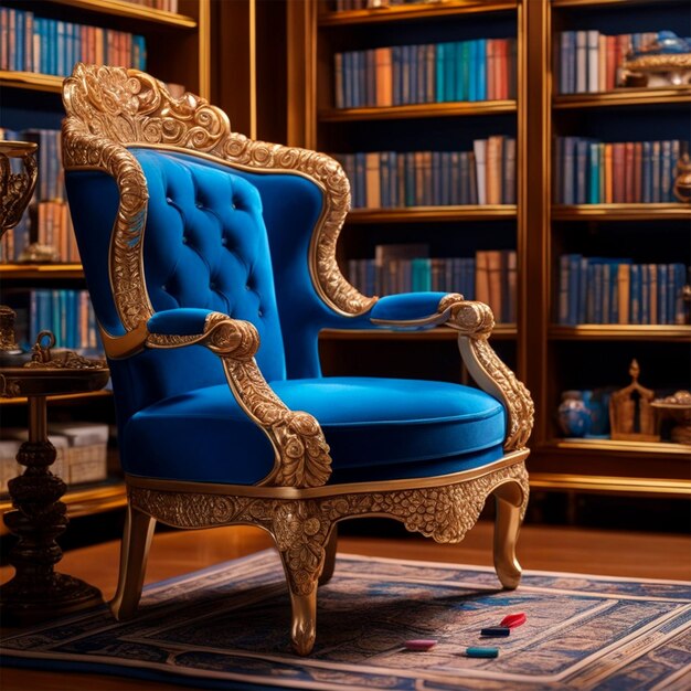 Realistic photo of armchair and bookshelf top notch triadic colors bold strokes porcelain