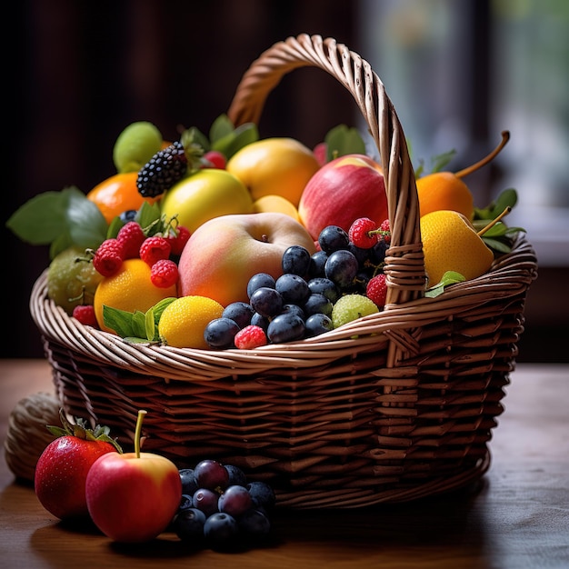 Realistic photo of Basket full of Fruit CloseUp Food Photography