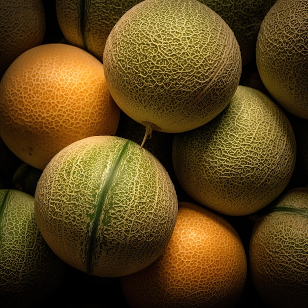 Foto foto realistica di un mucchio di meloni in cima a un paesaggio di frutta