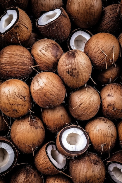 Realistic photo of a bunch of coconuts top view fruit scenery