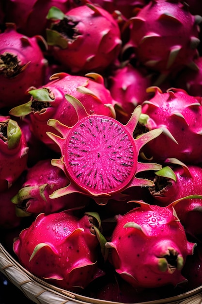 Realistic photo of a bunch of dragon fruits top view fruit scenery