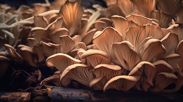 Foto foto realistica di un gruppo di funghi ostriche vista superiore paesaggio di verdure