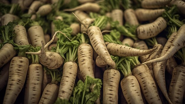 Photo realistic photo of a bunch of parsnip top view vegetables scenery