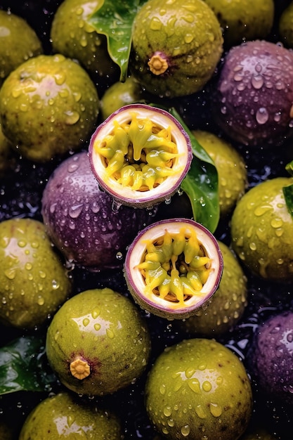 Realistic photo of a bunch of passion fruits top view fruit scenery