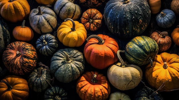 Realistic photo of a bunch of pumpkins top view fruit scenery