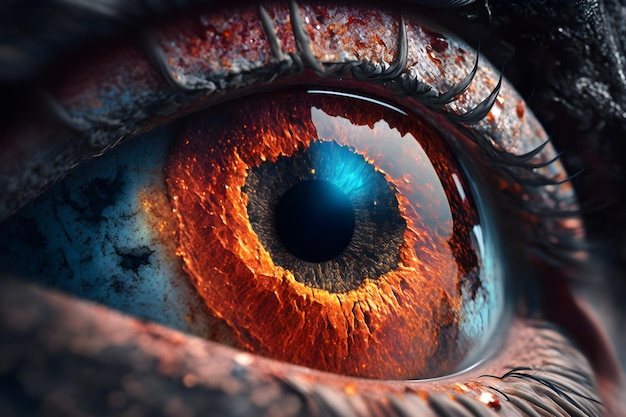 Realistic photo close look of eye made from molten lava generative ai