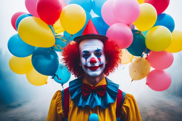 Photo realistic photo close up of a clown with smile in colorful balloons and misty foggy background