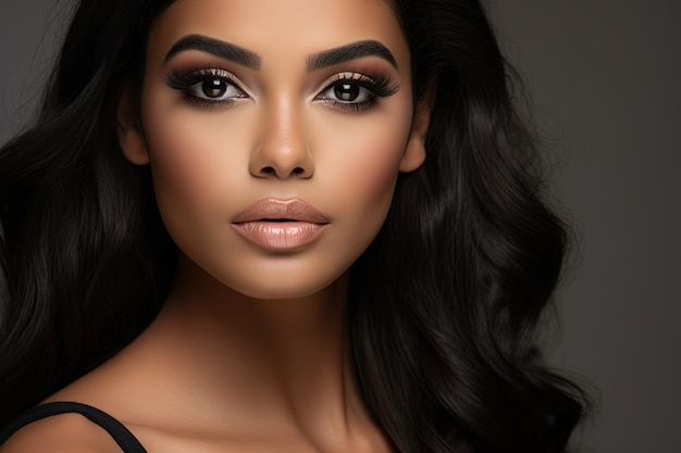 a realistic photo of a closeup of a latina model with smokey gray eyes matching blush and bronzer