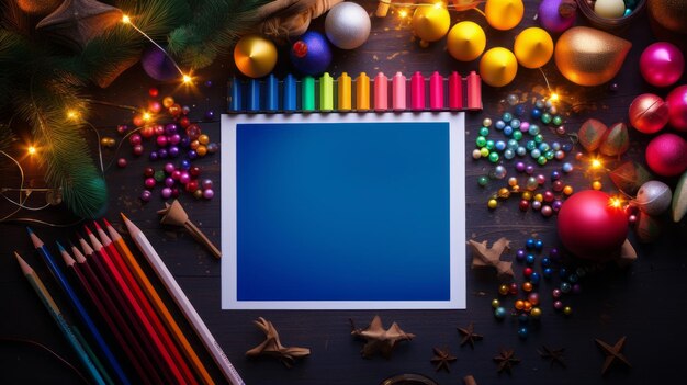 Photo realistic photo of colorful christmas decorations on desk with painting tools