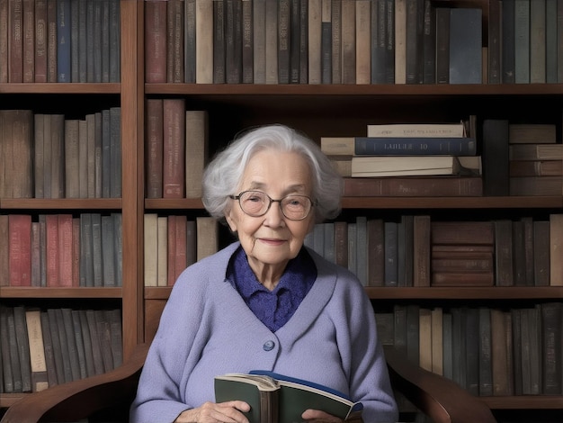 Realistic photo of elderly woman sits in front of a bookshelf with books on the shelves behind