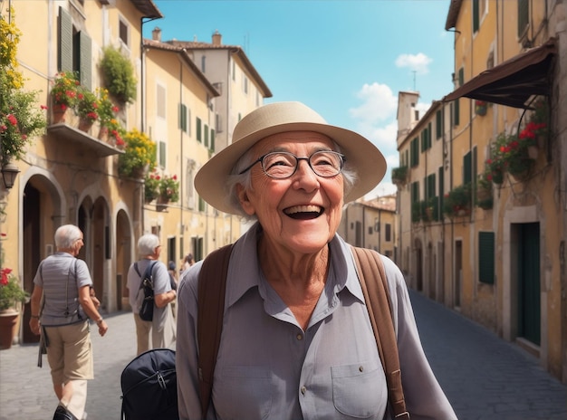 Realistic photo of a happy senior in Italy traveling by Generative AI