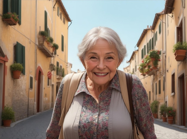 Realistic photo of a happy senior woman in Italy traveling by Generative AI