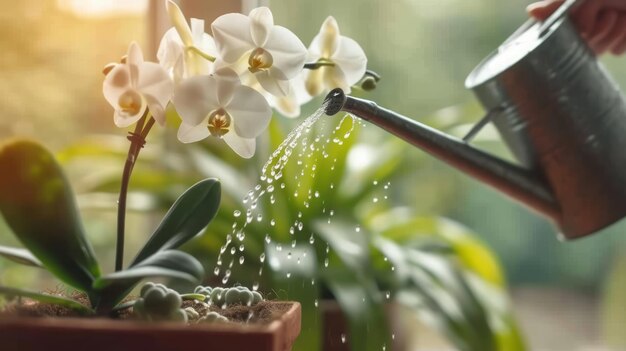 Photo realistic photo image closeup of a small watering can held by a woman39s hand watering a beautiful p