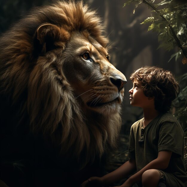 Realistic photo Lion and boy in the jungle Ai generative