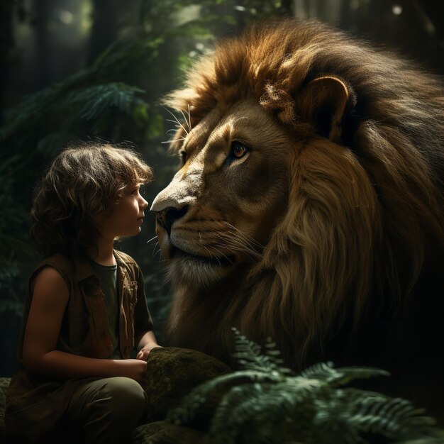 정글 에 있는 사자 와 소년 의 현실적 인 사진