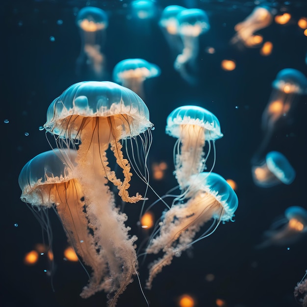 Realistic photo of lowing jellyfish floating underwater