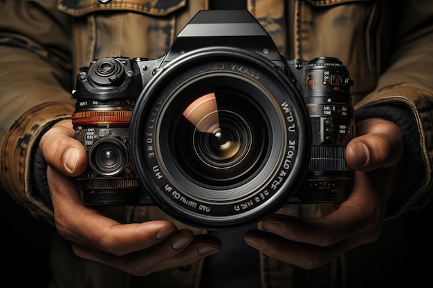 A realistic photo of man's hands holding a digital camera on a flat dark background