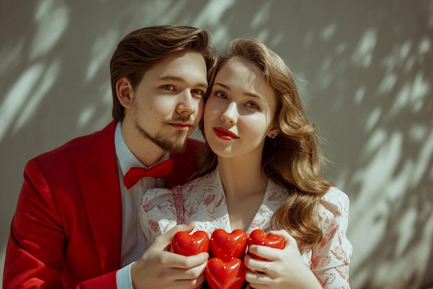 Realistic photo man and woman holding a box of hearts