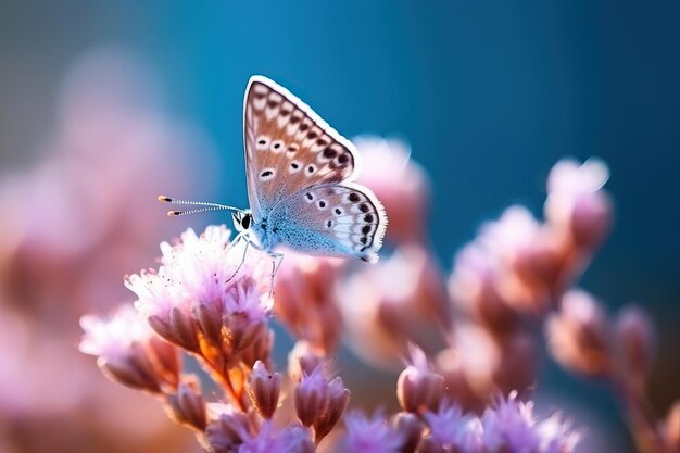 花の上のリアルな写真プレベジュス アーガスの小さな蝶