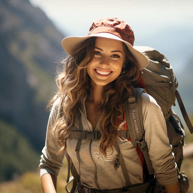 a realistic photo of a pretty hiking girl in summer