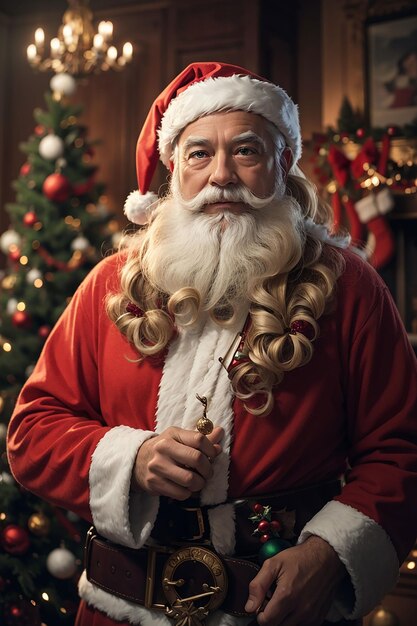 Realistic photo of santa klauss with christmas decorations in the background