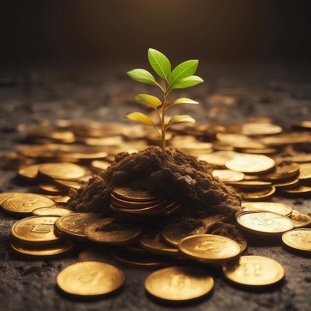 Realistic photo of sapling plant on a pile of golden coins