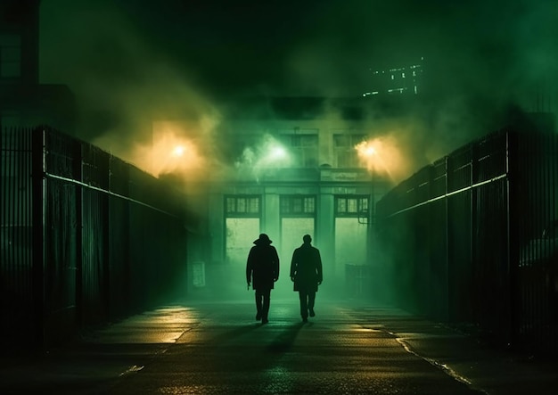 Foto una scenografia fotografica realistica atmosfera fumosa due uomini camminano gentili